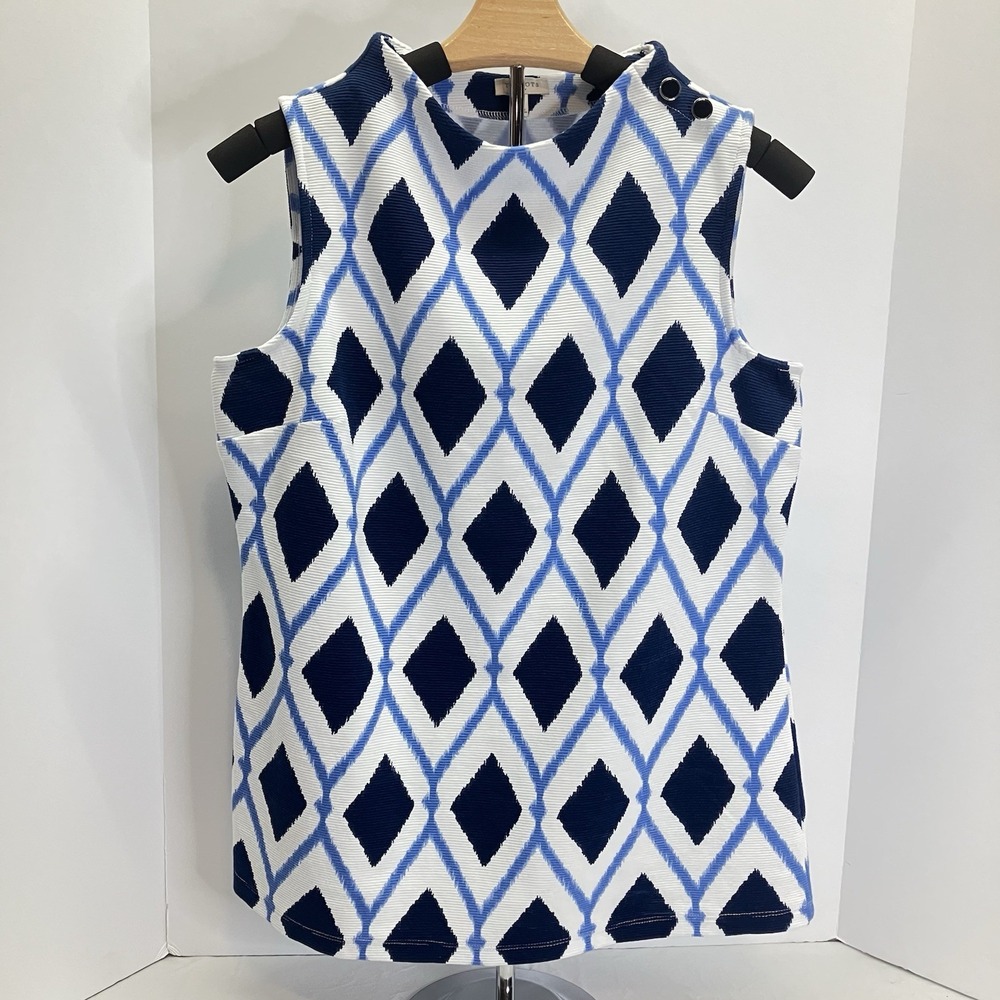 Talbots Womens White & Blue Geometric Funnel Neck Relaxed Tank Shirt Size S